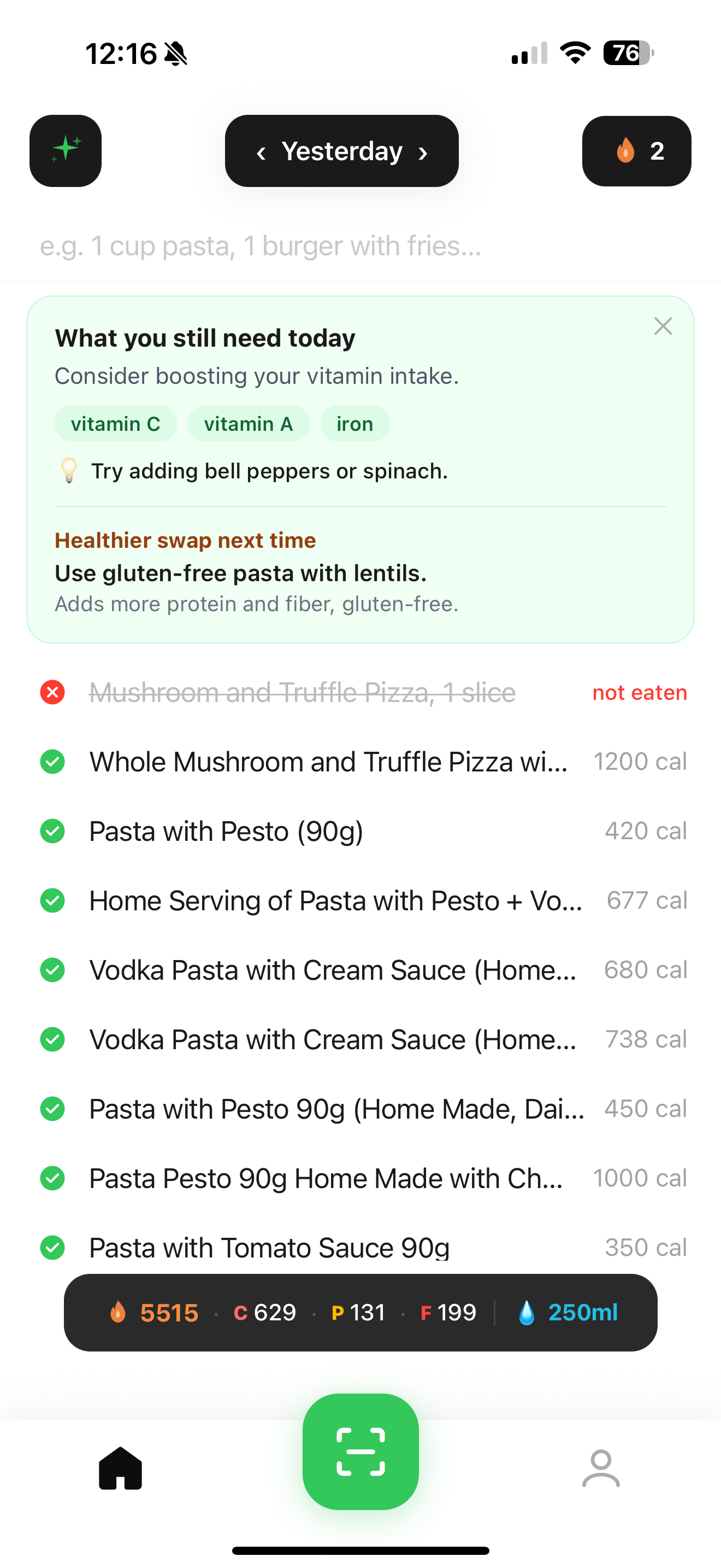 Home screen with daily log